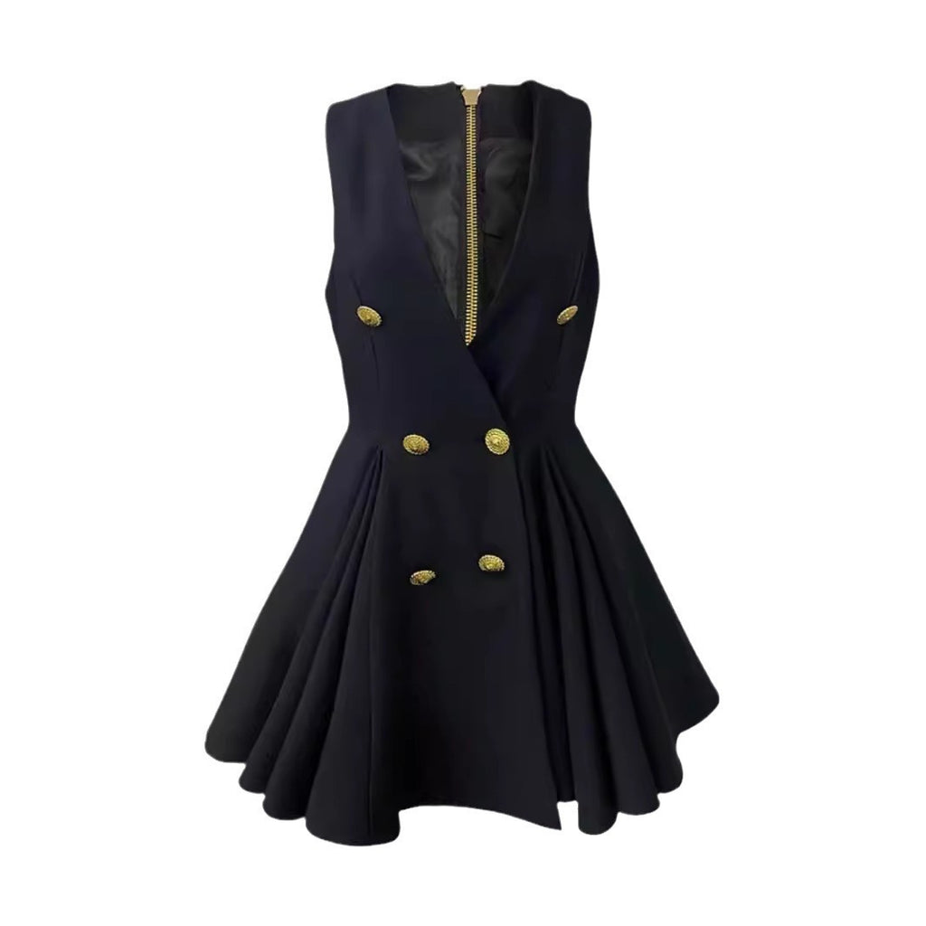 Women's V-neck double-breasted dress with a niche design and a high-waisted waistcoat skirt showing a high-end sense