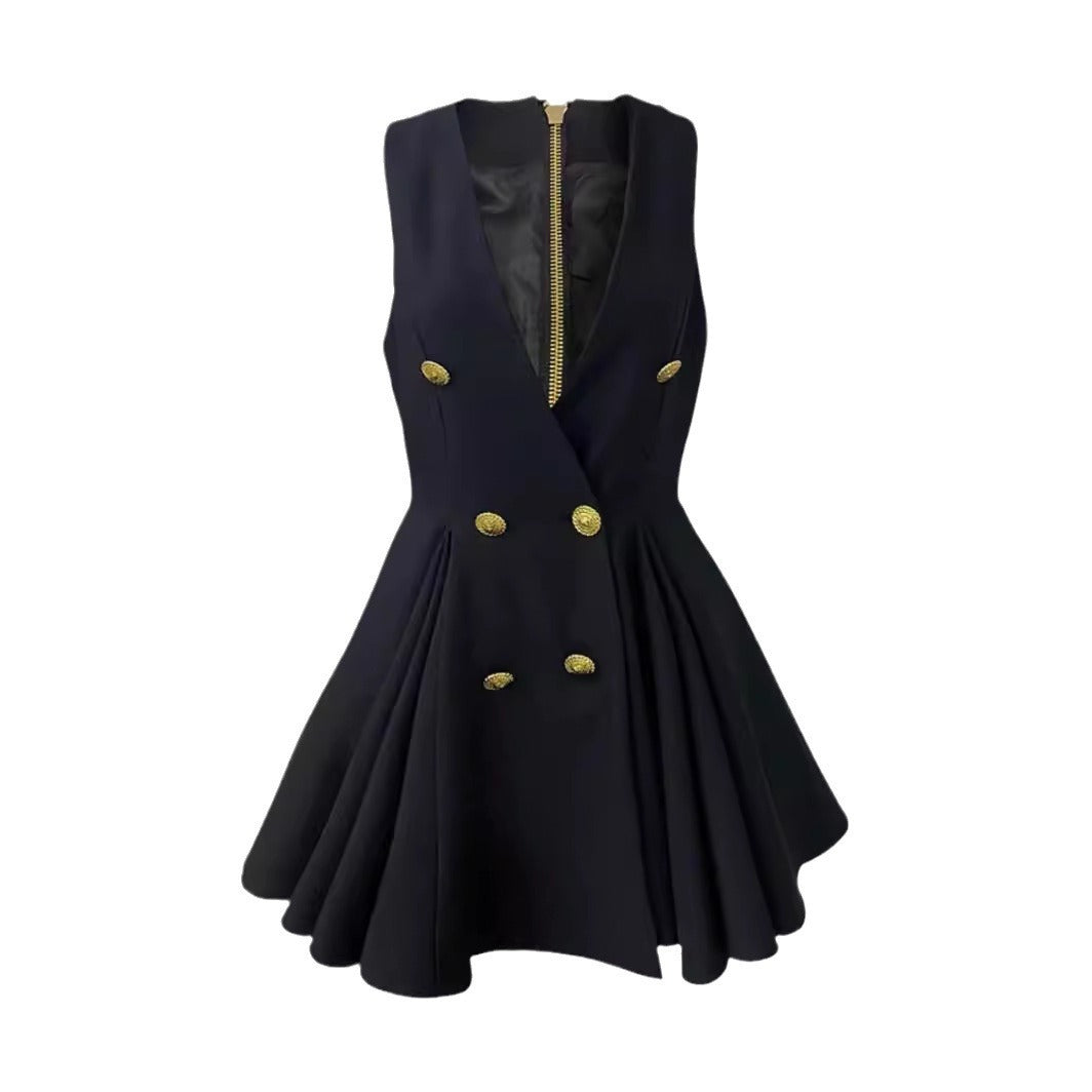 Women's V-neck double-breasted dress with a niche design and a high-waisted waistcoat skirt showing a high-end sense