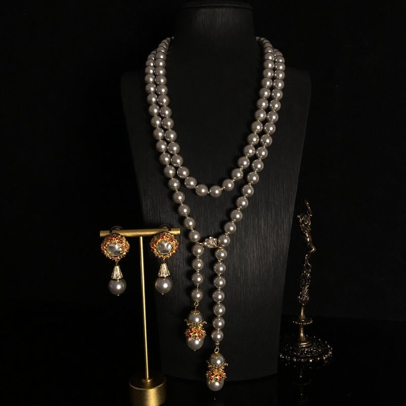 Layered Glass Pearl Super Long Necklace Sweater Chain