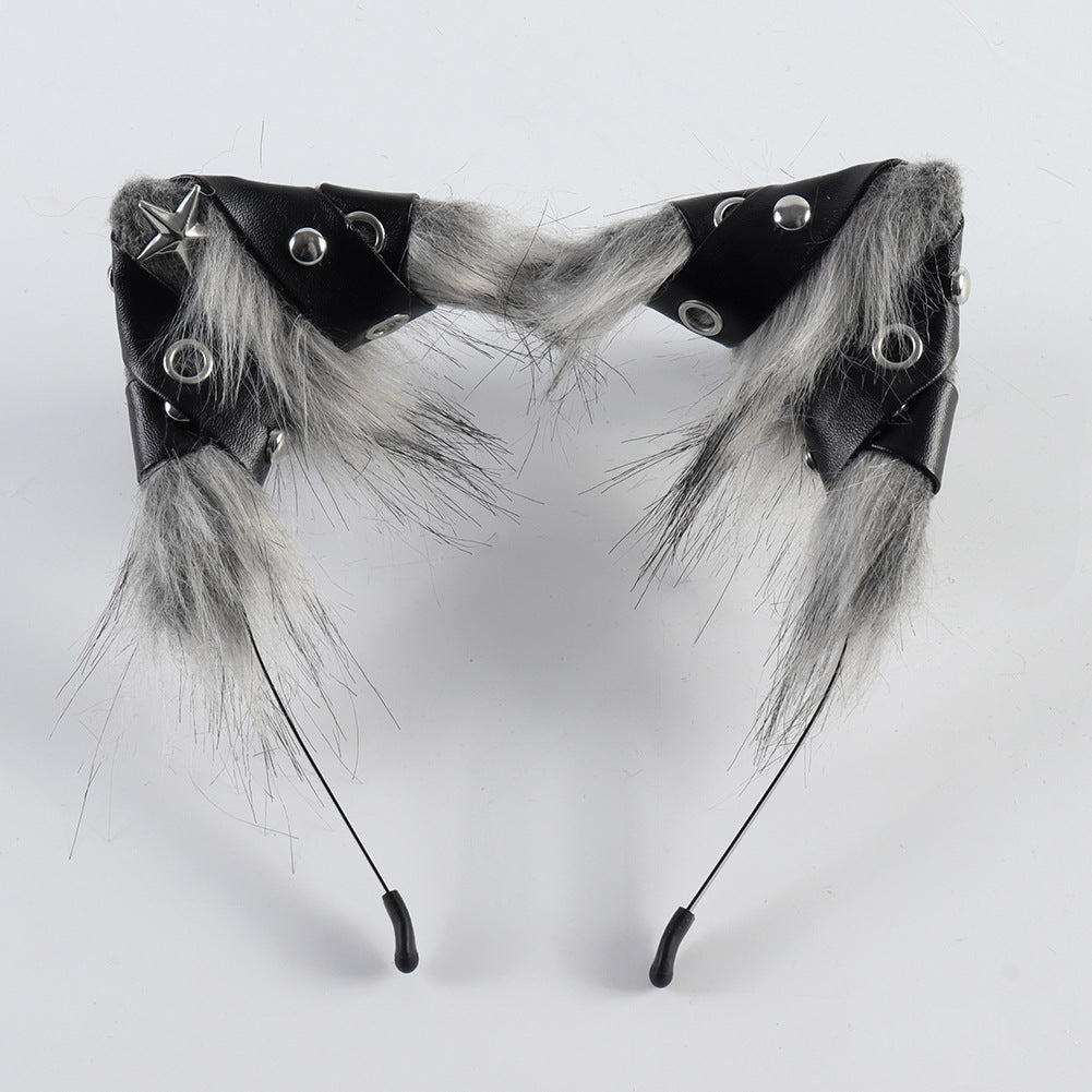 Halloween Animal Ears Headband Punk Style Leather Hair Accessory Cosplay Cat Ears Headband for Party