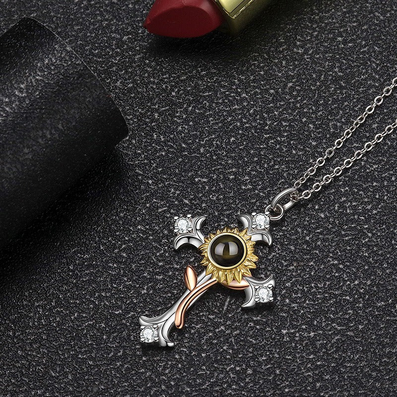 s925 sterling silver, 100 language projection necklace, sunflower studded diamond cross pendant, niche design trend decoration