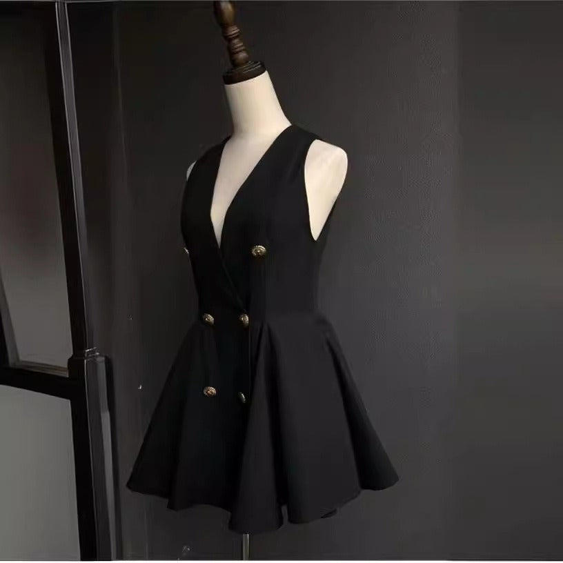 Women's V-neck double-breasted dress with a niche design and a high-waisted waistcoat skirt showing a high-end sense