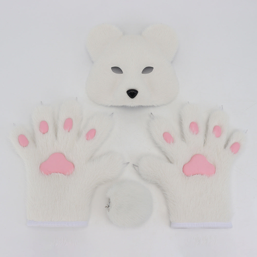 Halloween Fuzzy Costume Set with Realistic Bear Mask and Handmade Bear Paw Gloves for Cosplay and Convention Props