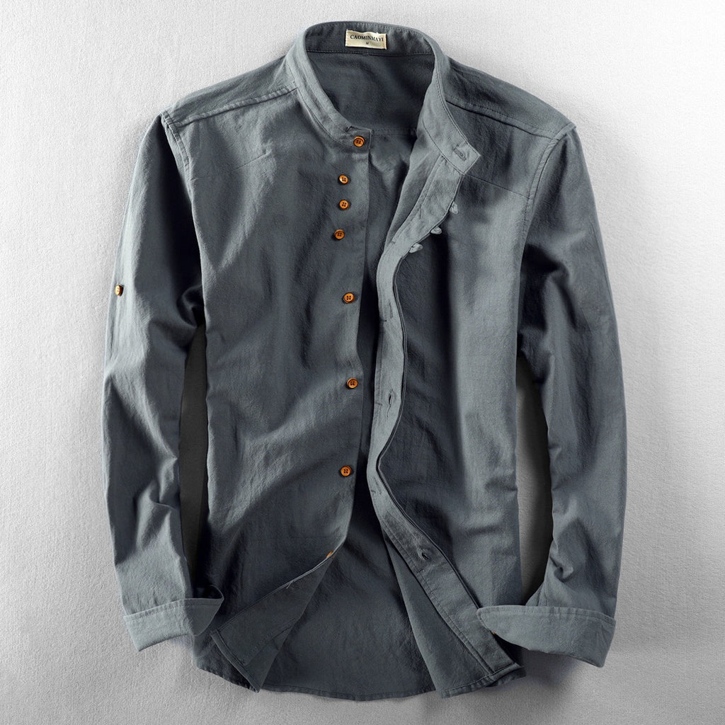 New men's casual linen shirt in autumn and winter, Chinese style stand up collar cotton linen shirt