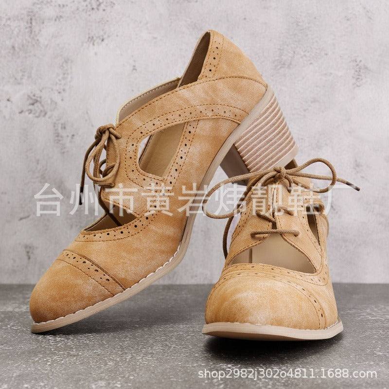 New European and American medium thick heel casual single shoes, four season shoes, hollowed out breathable women's shoes