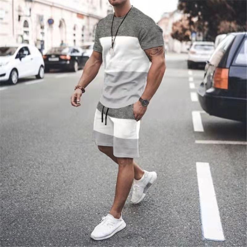 Men's round neck short sleeved casual T-shirt set, men's style