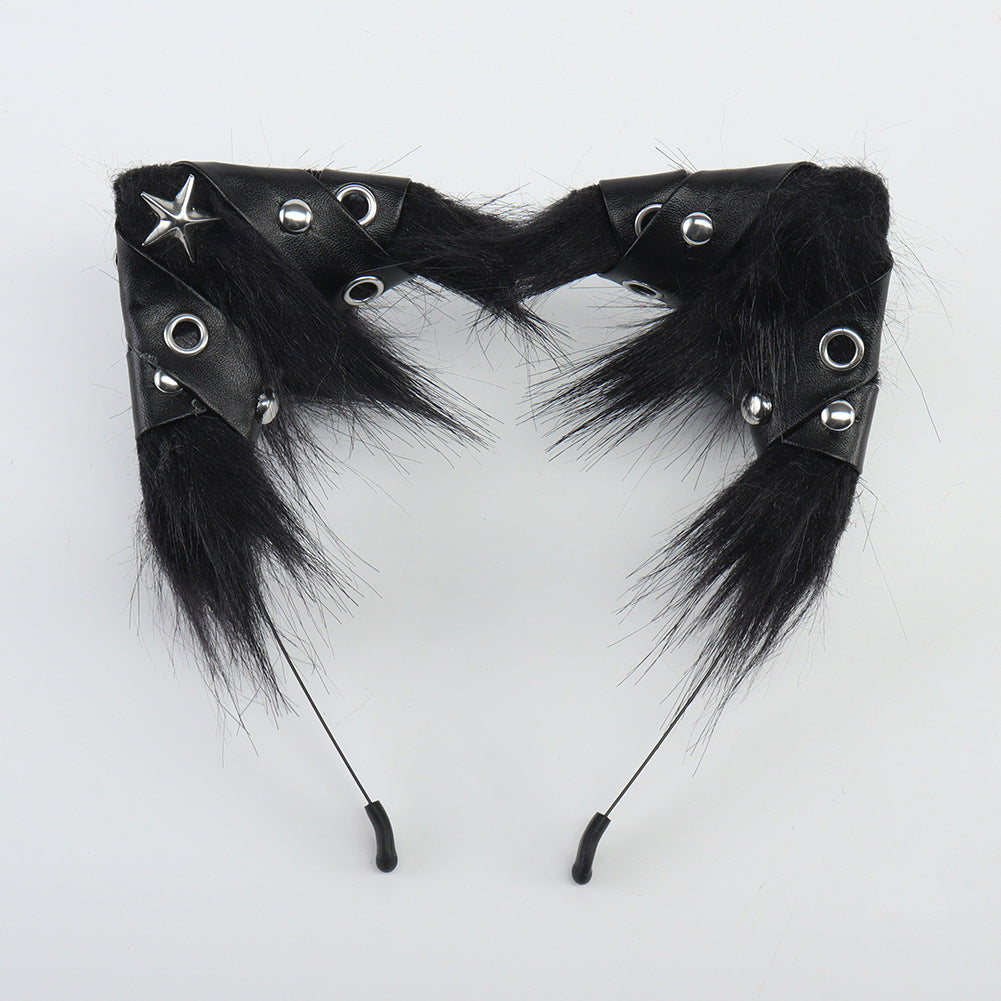 Halloween Animal Ears Headband Punk Style Leather Hair Accessory Cosplay Cat Ears Headband for Party