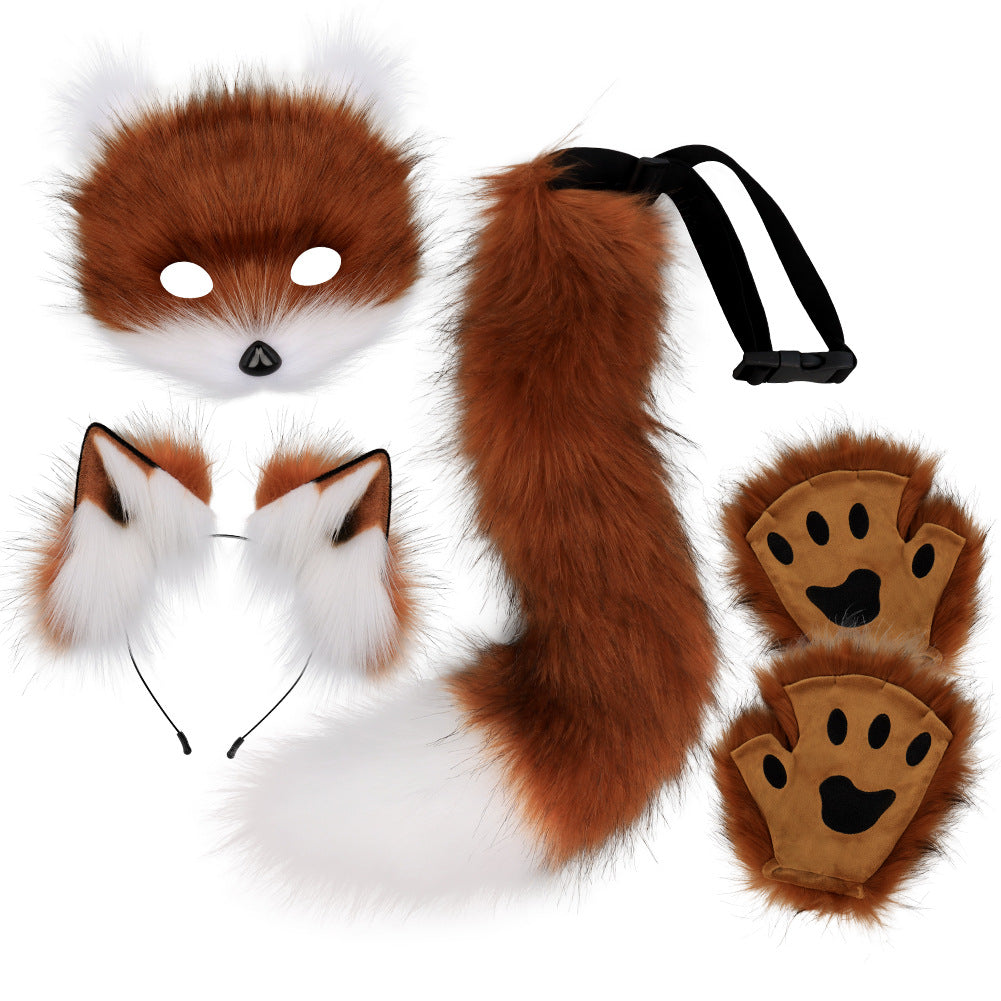 Halloween Plush Fox Mask Set with Faux Fox Ears Headband, Tail, Animal Paws and Cosplay Accessories