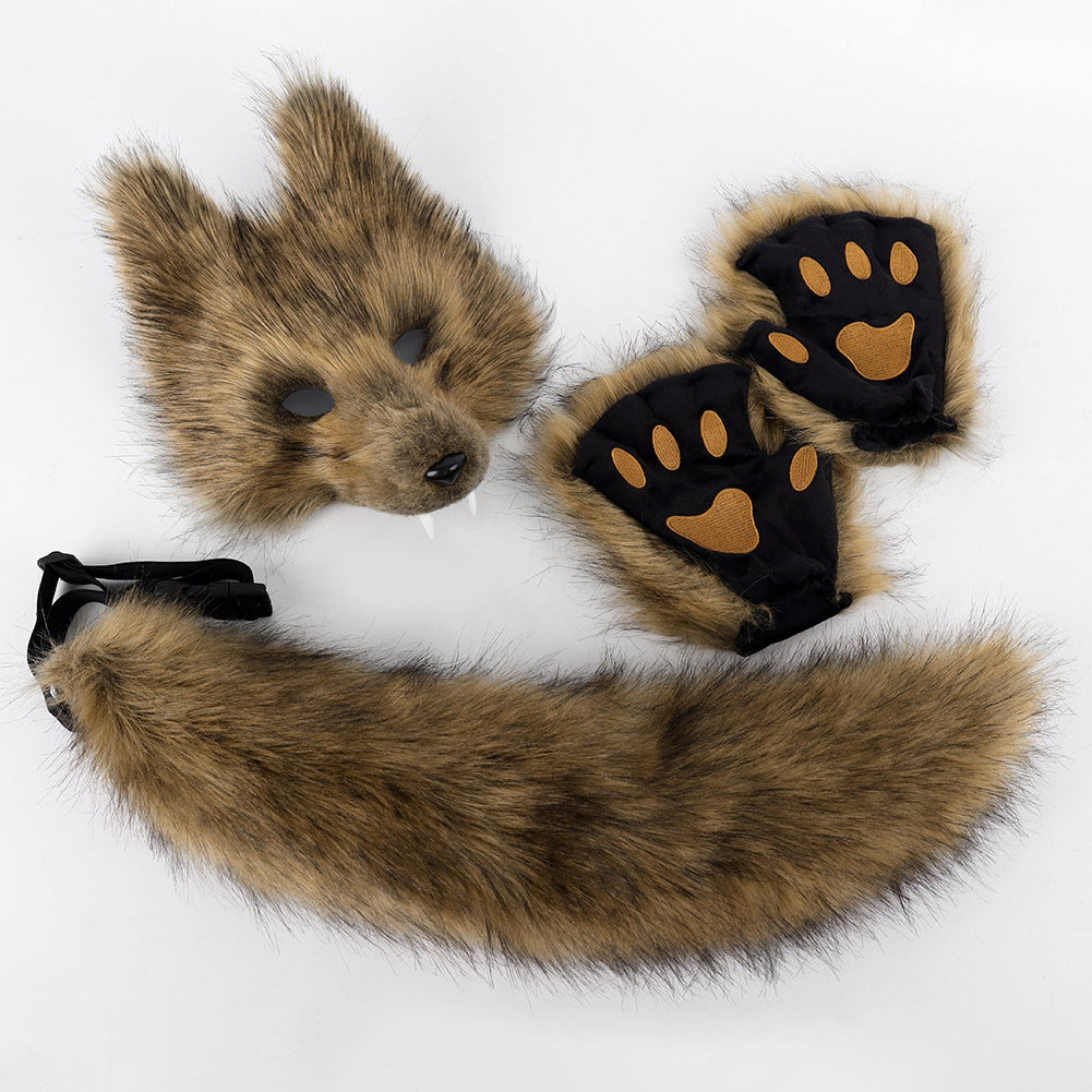 Halloween Realistic Wolf Tooth Mask 3D Set Cosplay Lone Wolf Plush Animal Tail Party Costume Accessory