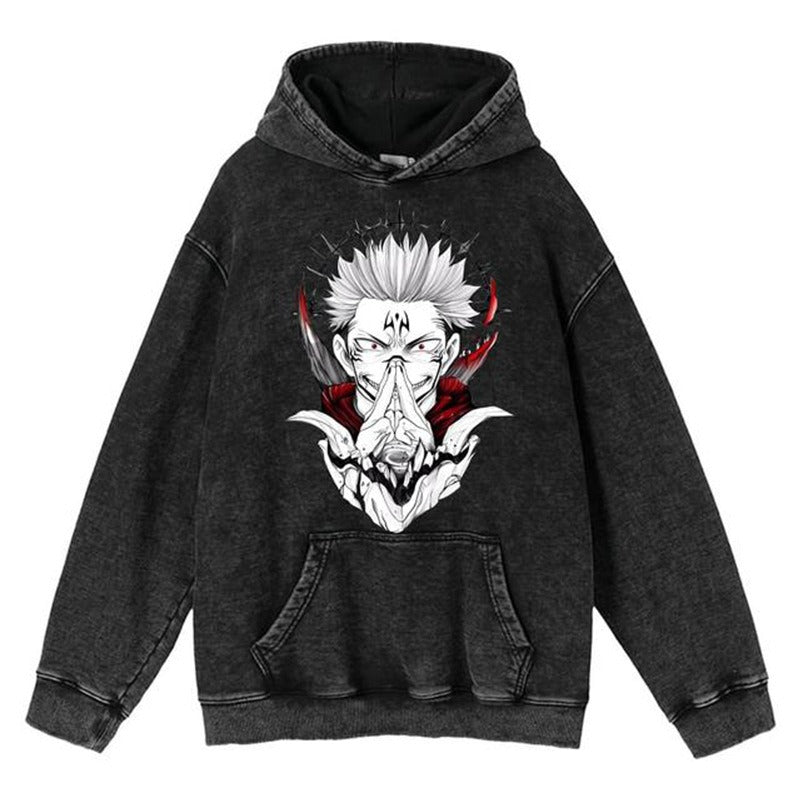 New washed retro hoodie spell battle anime peripheral printed hoodie for men