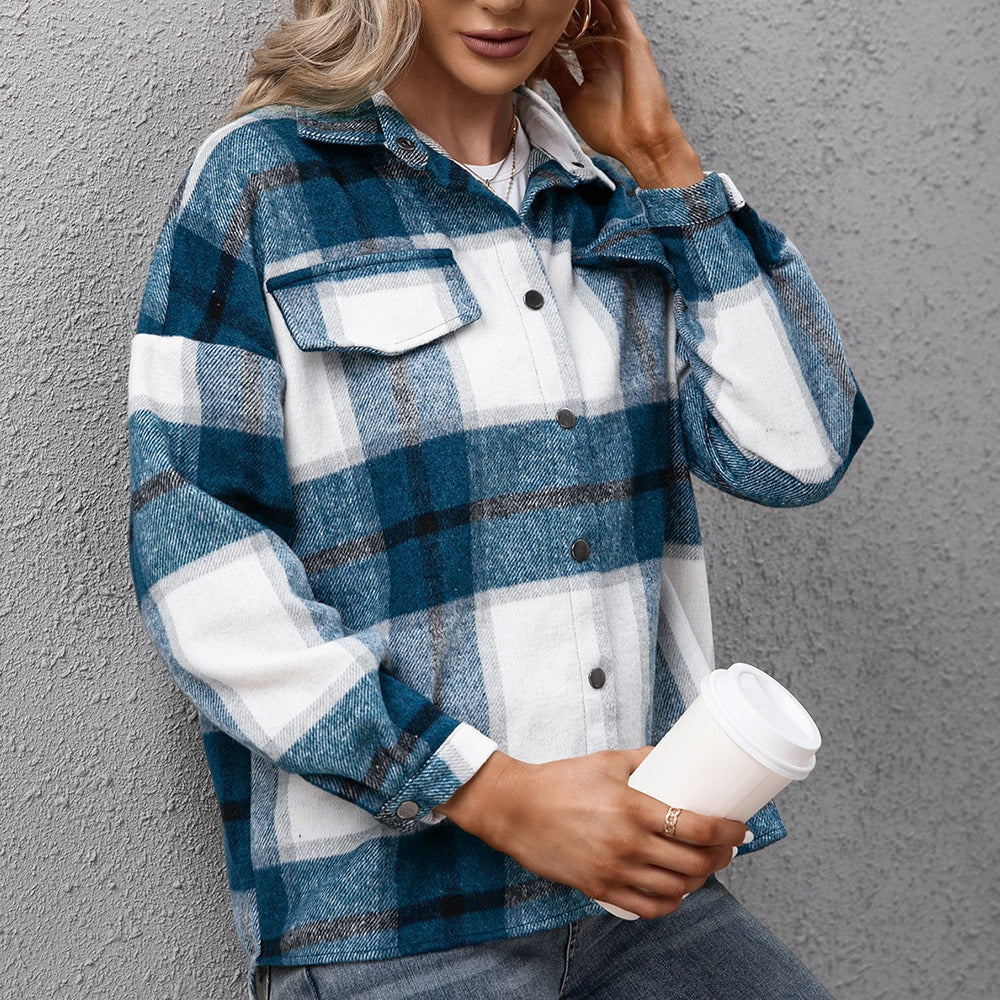 Long sleeved plaid top loose casual shirt plush plaid jacket jacket jacket for women