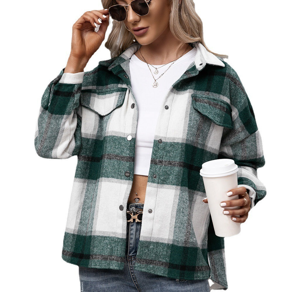 Long sleeved plaid top loose casual shirt plush plaid jacket jacket jacket for women