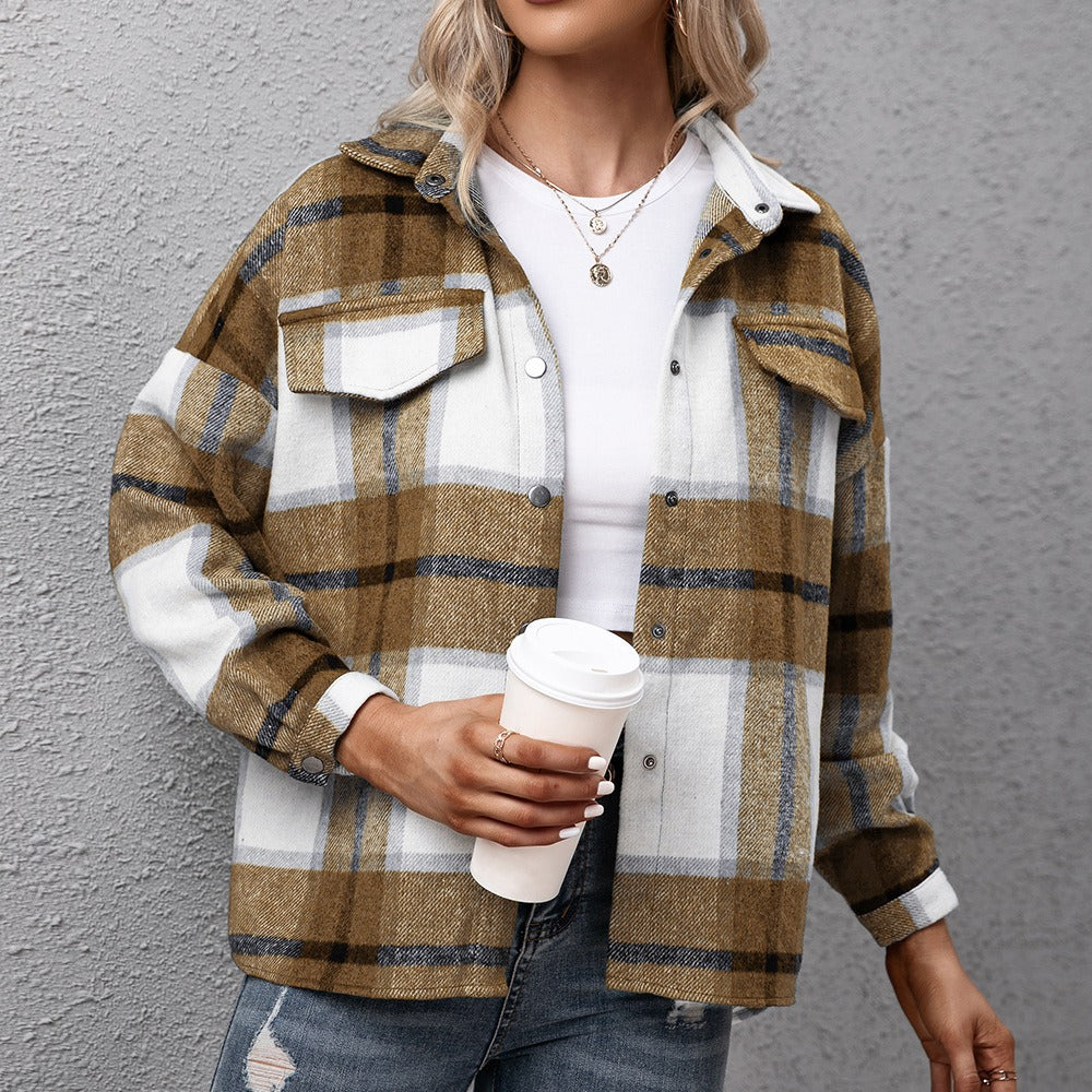 Long sleeved plaid top loose casual shirt plush plaid jacket jacket jacket for women
