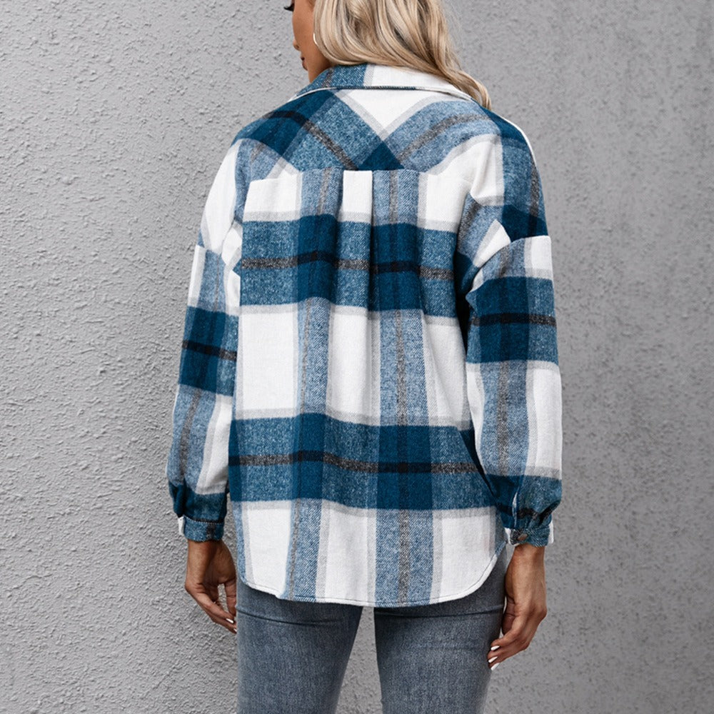 Long sleeved plaid top loose casual shirt plush plaid jacket jacket jacket for women