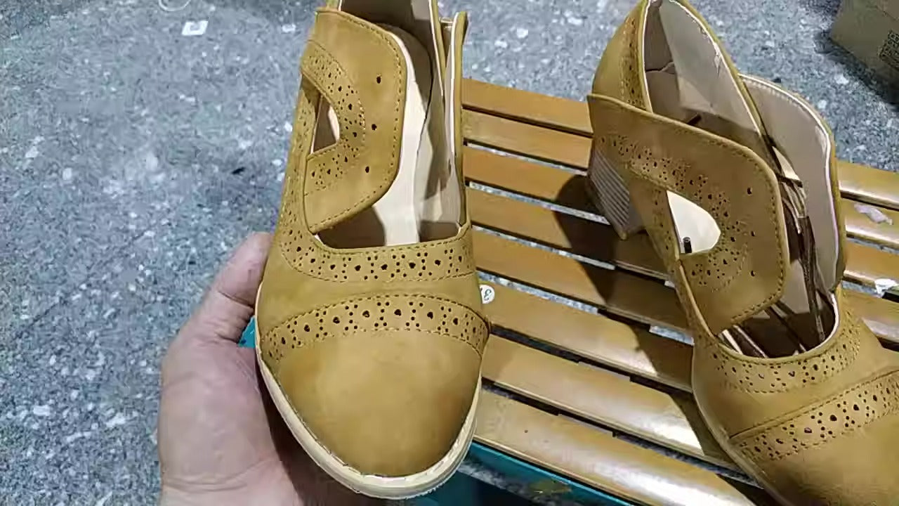 New European and American medium thick heel casual single shoes, four season shoes, hollowed out breathable women's shoes