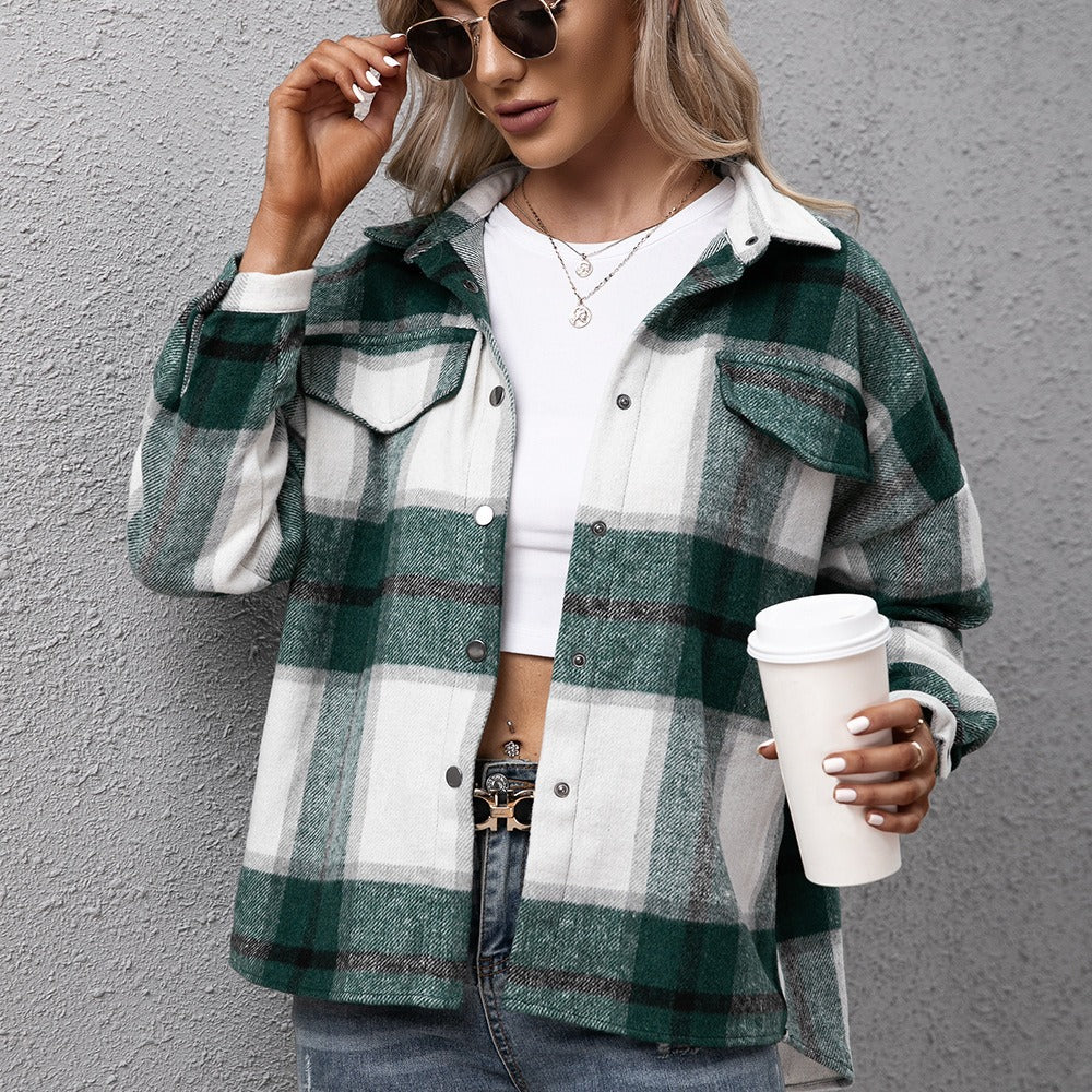 Long sleeved plaid top loose casual shirt plush plaid jacket jacket jacket for women