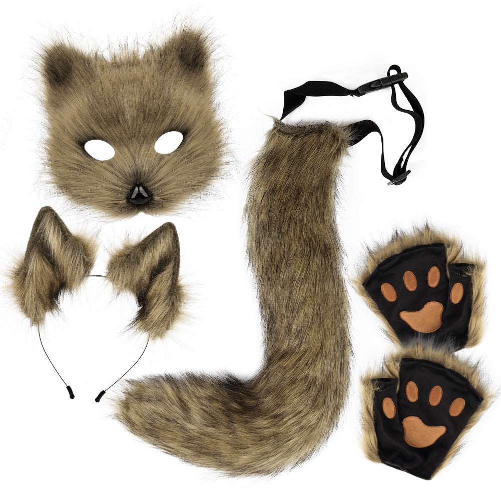 Halloween Plush Fox Mask Set with Faux Fox Ears Headband, Tail, Animal Paws and Cosplay Accessories
