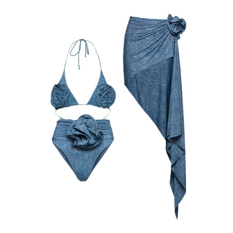 Female swimsuit bikini niche personality retro blue sexy pure desire style swimsuit female