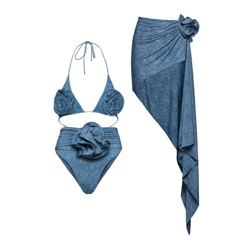 Female swimsuit bikini niche personality retro blue sexy pure desire style swimsuit female