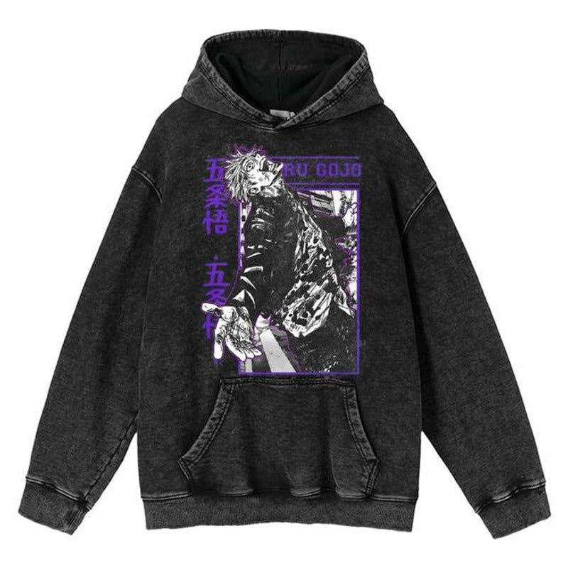 New washed retro hoodie spell battle anime peripheral printed hoodie for men