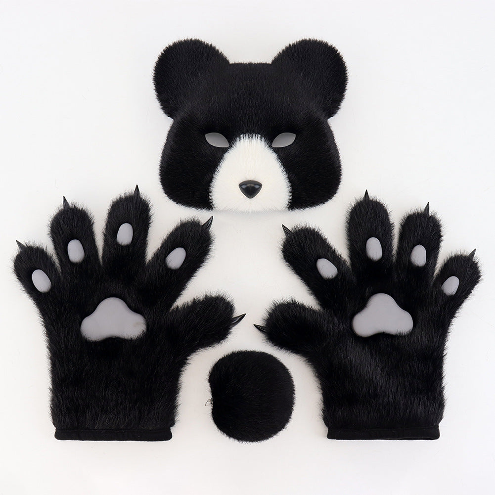 Halloween Fuzzy Costume Set with Realistic Bear Mask and Handmade Bear Paw Gloves for Cosplay and Convention Props