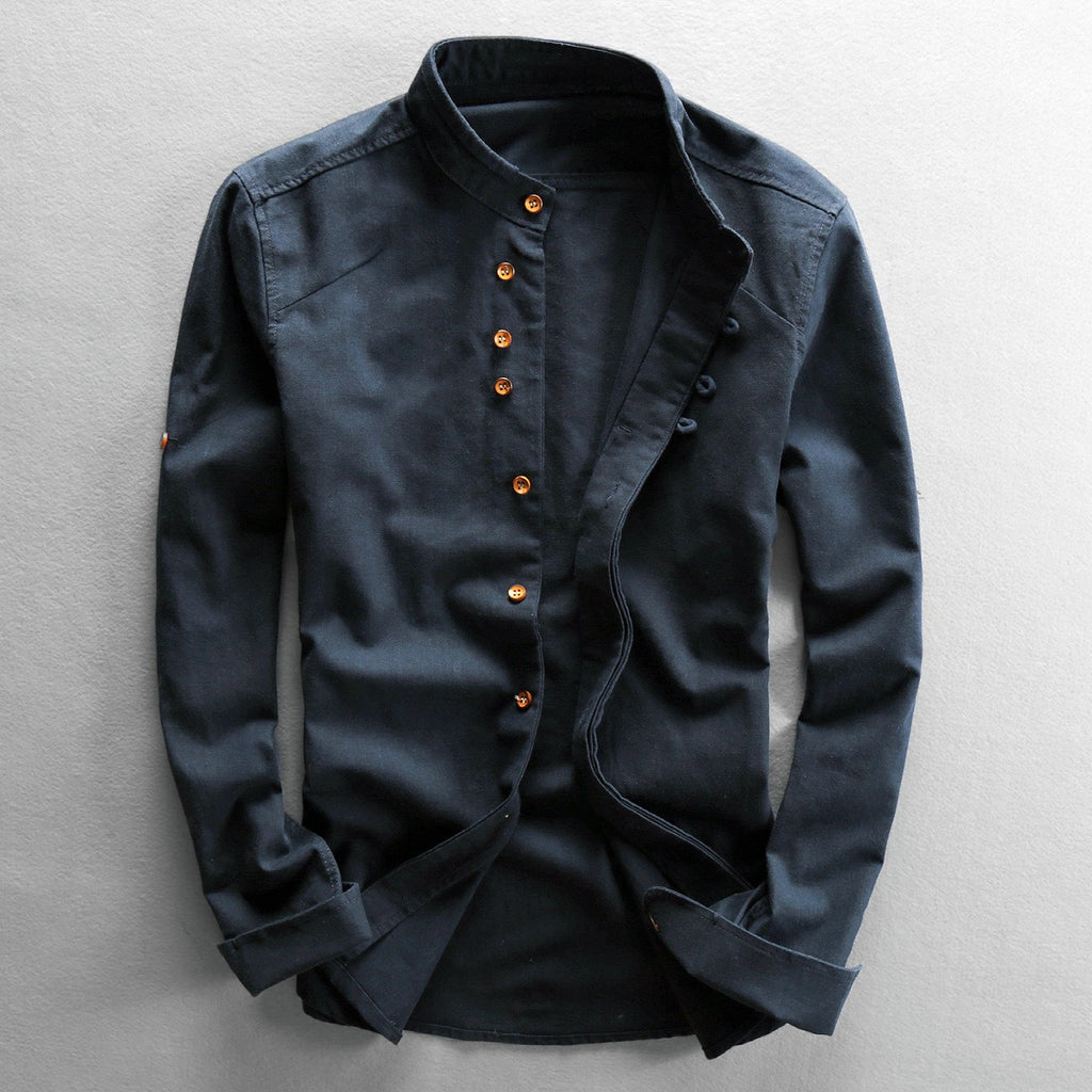 New men's casual linen shirt in autumn and winter, Chinese style stand up collar cotton linen shirt