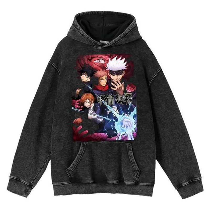 New washed retro hoodie spell battle anime peripheral printed hoodie for men