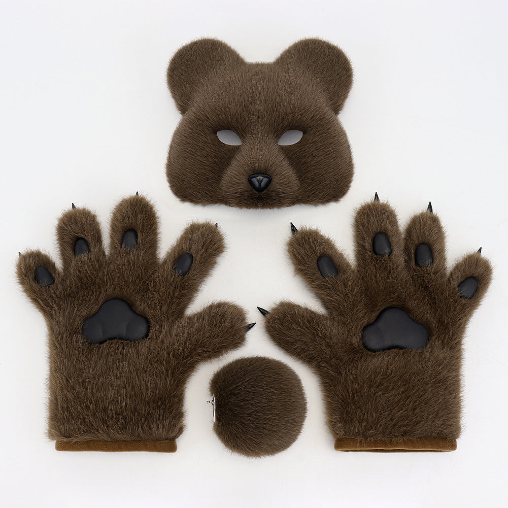 Halloween Fuzzy Costume Set with Realistic Bear Mask and Handmade Bear Paw Gloves for Cosplay and Convention Props