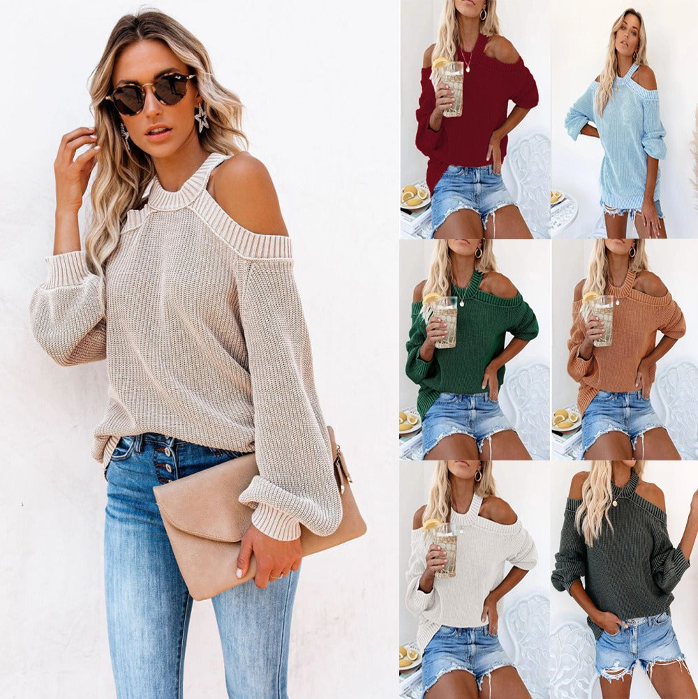 Sexy Off Shoulder Solid Color Loose Knitted Sweater for Women