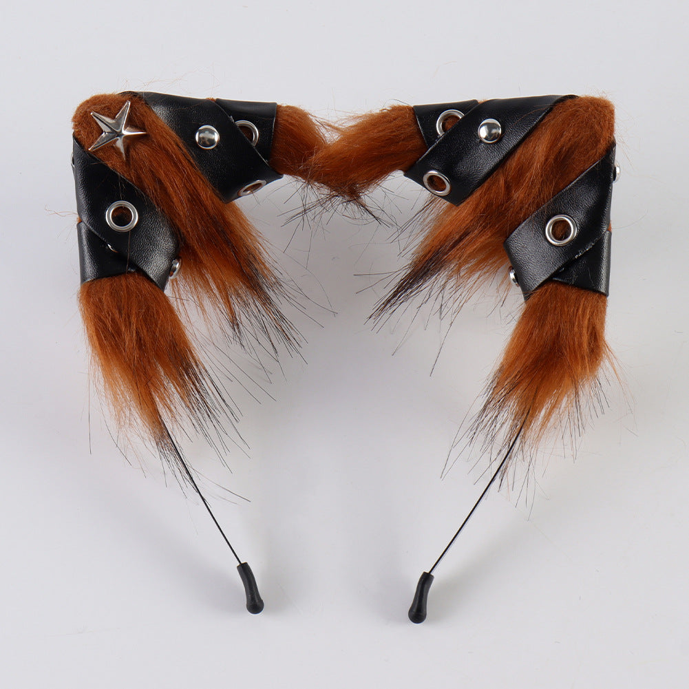 Halloween Animal Ears Headband Punk Style Leather Hair Accessory Cosplay Cat Ears Headband for Party