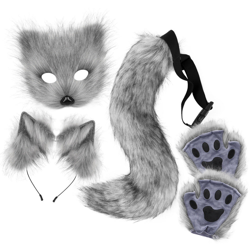 Halloween Plush Fox Mask Set with Faux Fox Ears Headband, Tail, Animal Paws and Cosplay Accessories