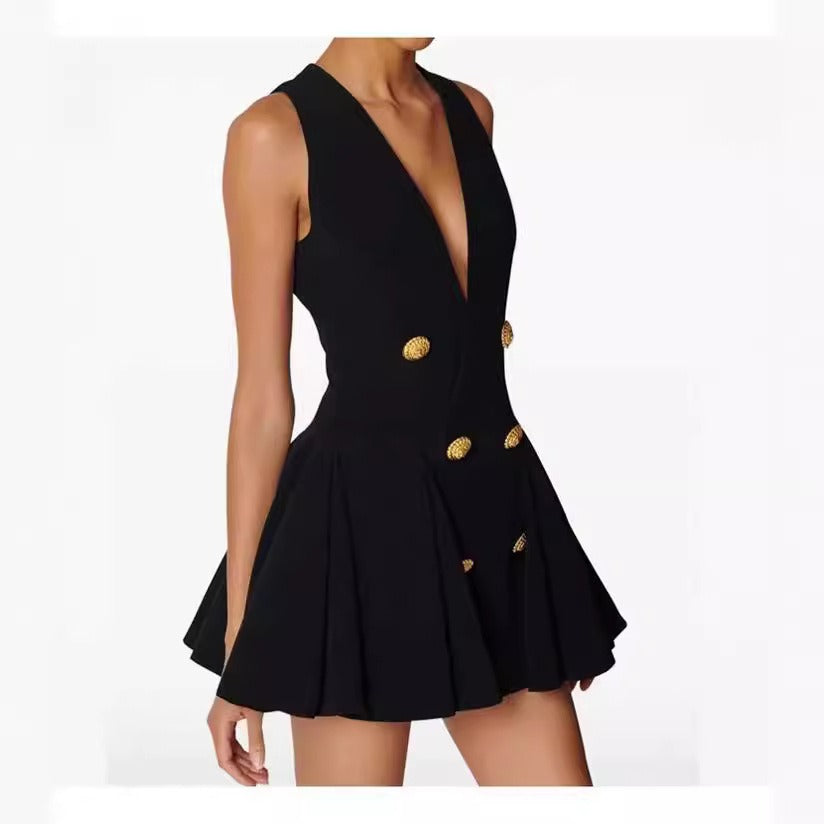 Women's V-neck double-breasted dress with a niche design and a high-waisted waistcoat skirt showing a high-end sense