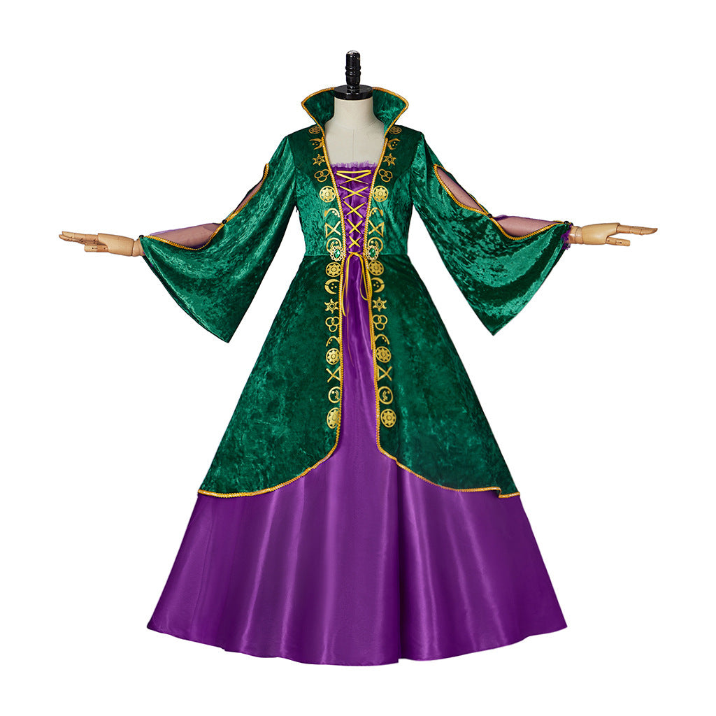 Witch also crazy cosplay costume medieval gold velvet dress Fred performing cosplay costume green bubble sleeves