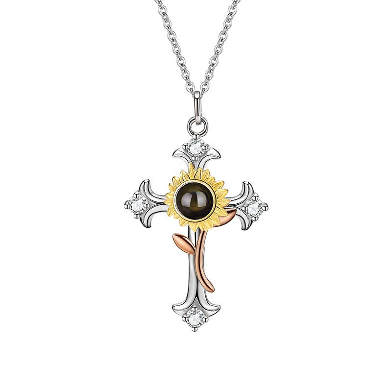 s925 sterling silver, 100 language projection necklace, sunflower studded diamond cross pendant, niche design trend decoration