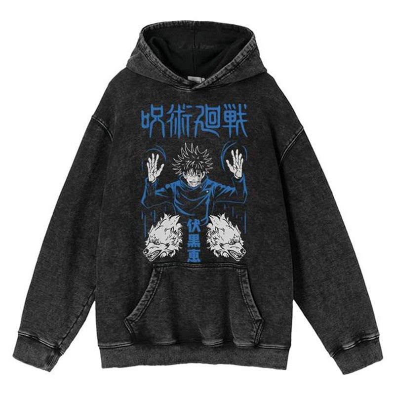 New washed retro hoodie spell battle anime peripheral printed hoodie for men