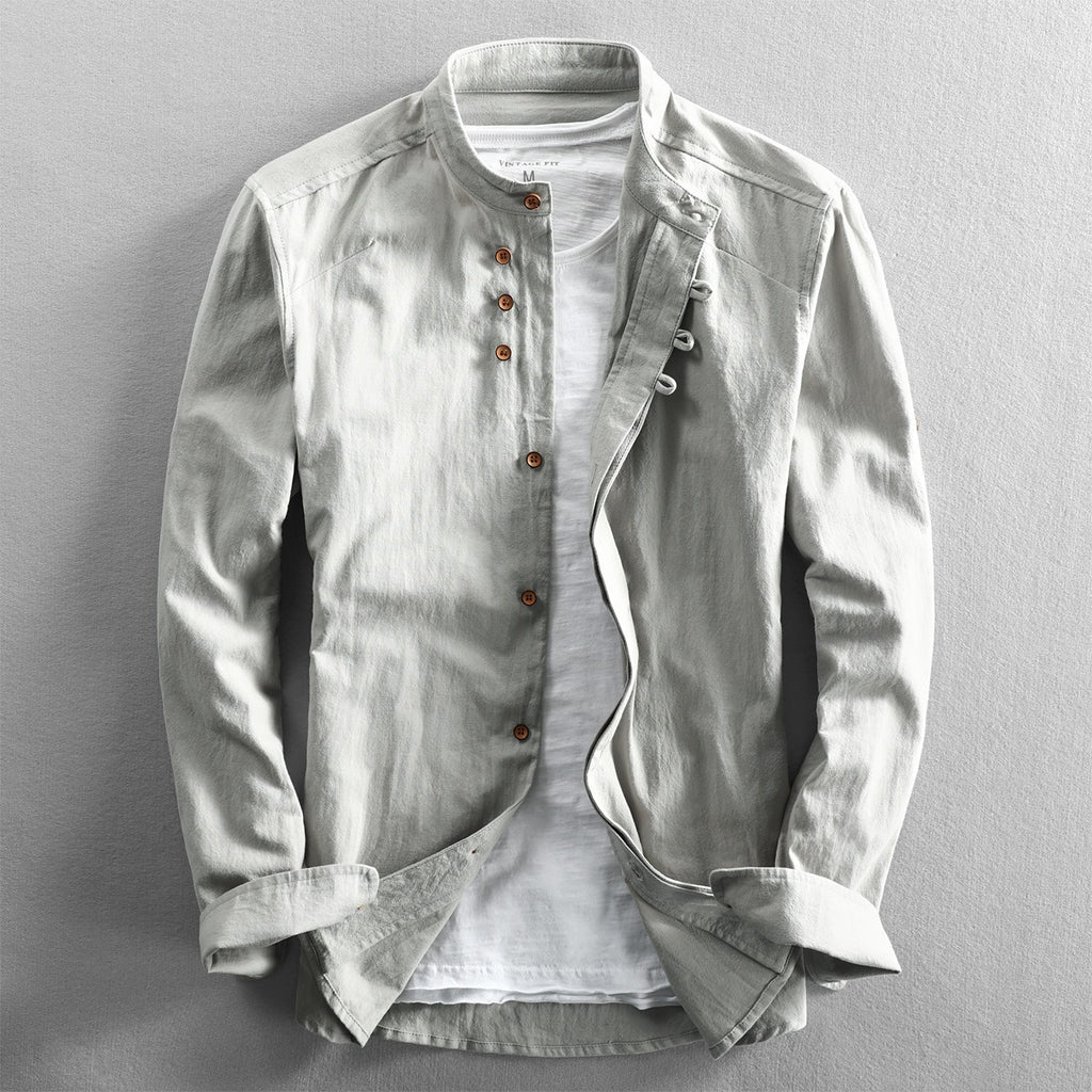 New men's casual linen shirt in autumn and winter, Chinese style stand up collar cotton linen shirt