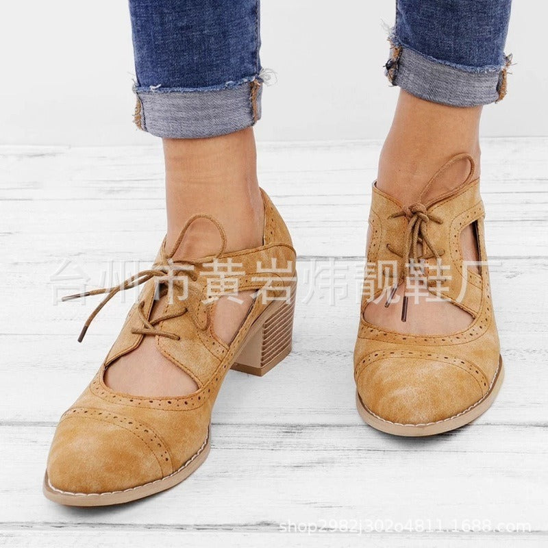 New European and American medium thick heel casual single shoes, four season shoes, hollowed out breathable women's shoes