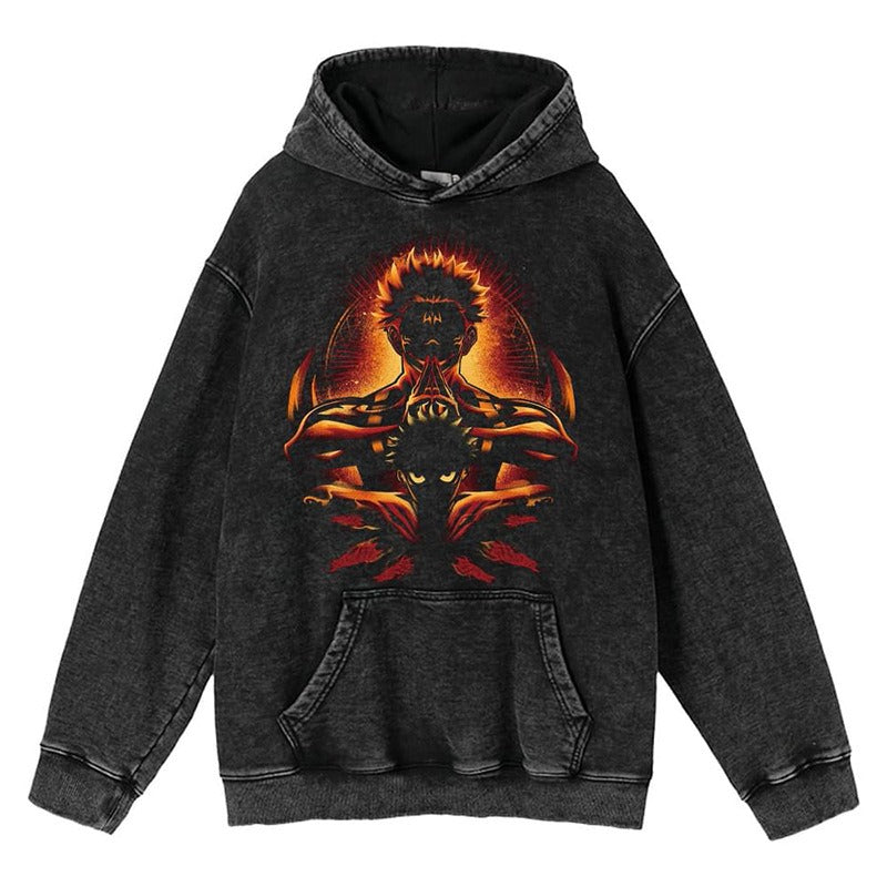 New washed retro hoodie spell battle anime peripheral printed hoodie for men