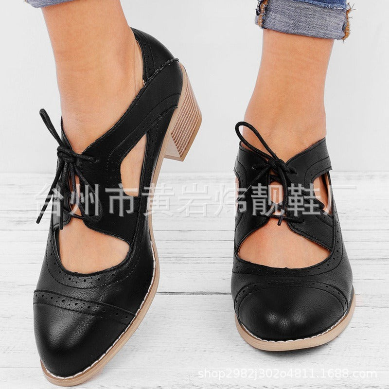 New European and American medium thick heel casual single shoes, four season shoes, hollowed out breathable women's shoes