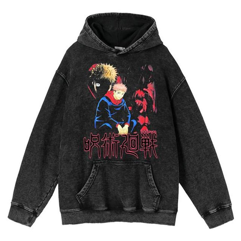 New washed retro hoodie spell battle anime peripheral printed hoodie for men