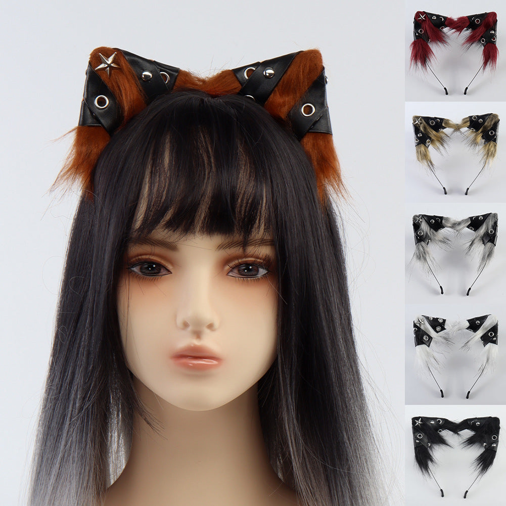 Halloween Animal Ears Headband Punk Style Leather Hair Accessory Cosplay Cat Ears Headband for Party